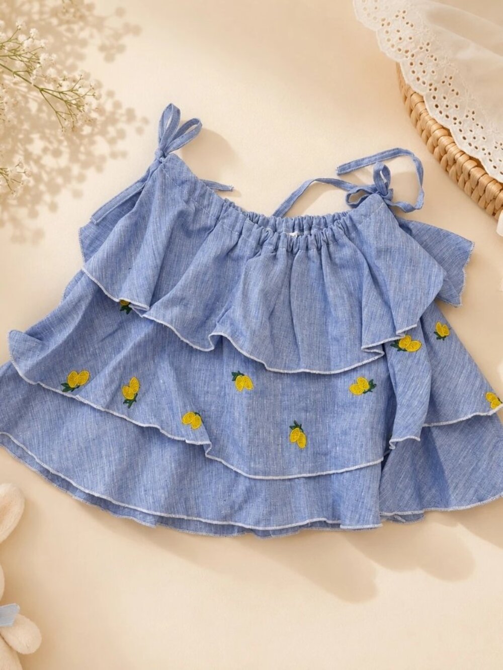 Puro Lino Girls Blue Ruffle Lemon Embroidered Top Size 2